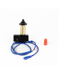 Mechanical component with blue cable and red cap on a white background