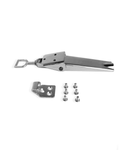 Metallic tool with attachments on a white background. Includes one latch with stirrup installed, strike, and six mounting screws for the set. Good for one side of the Nutrifaster N450 repair and replacement