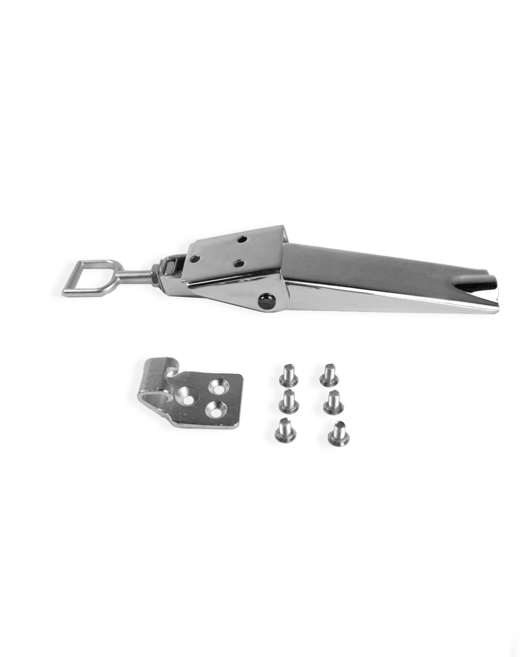 Metallic tool with attachments on a white background. Includes one latch with stirrup installed, strike, and six mounting screws for the set. Good for one side of the Nutrifaster N450 repair and replacement