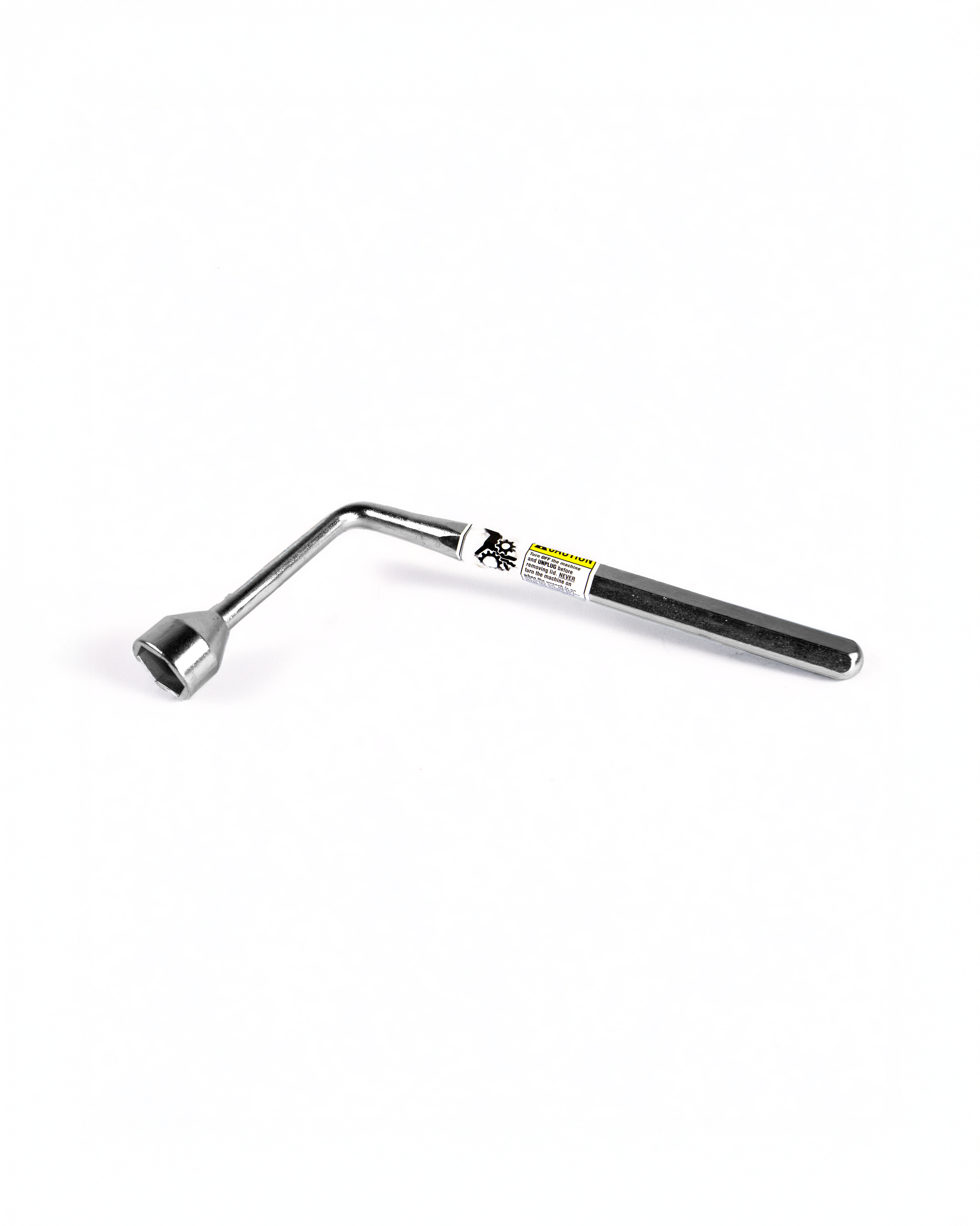 Metal wrench with a curved head and handle on a white background